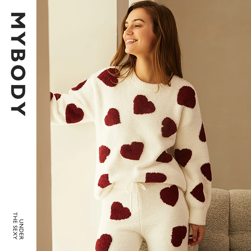 MYBODY睡衣女士半边绒毛织可外穿套头套日韩萌趣亲子装家居服套装