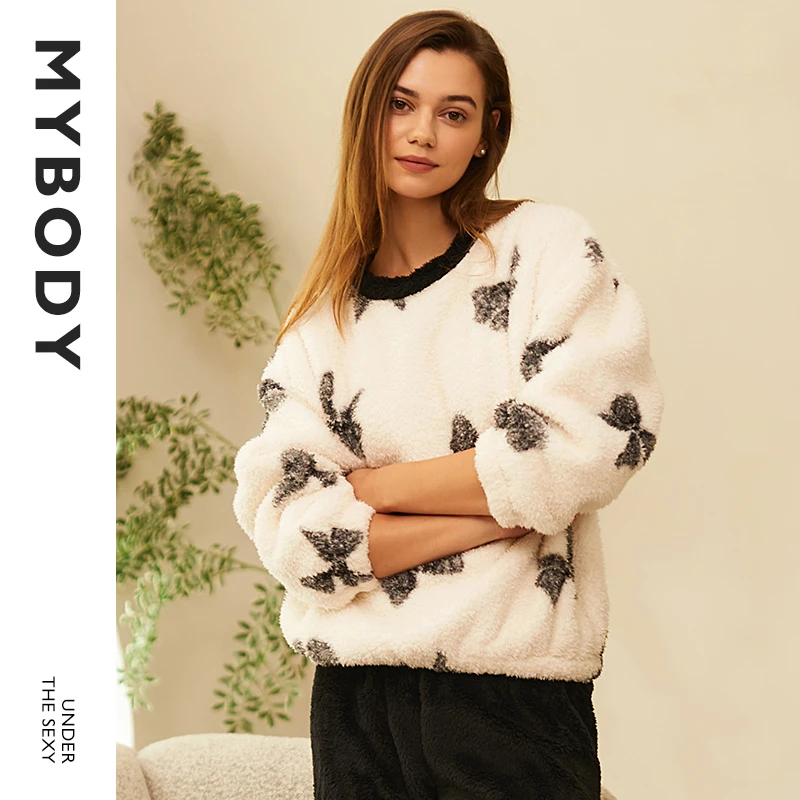 MYBODY睡衣女士秋冬季蝴蝶结印花居家套头加绒加厚雪花绒家居套装