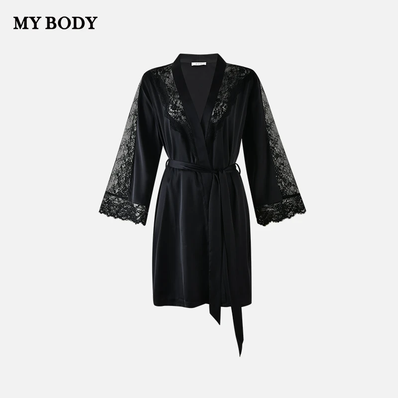 商场同款MYBODY春夏薄款睡袍女v领性感绑带收腰浴袍睡衣可外穿