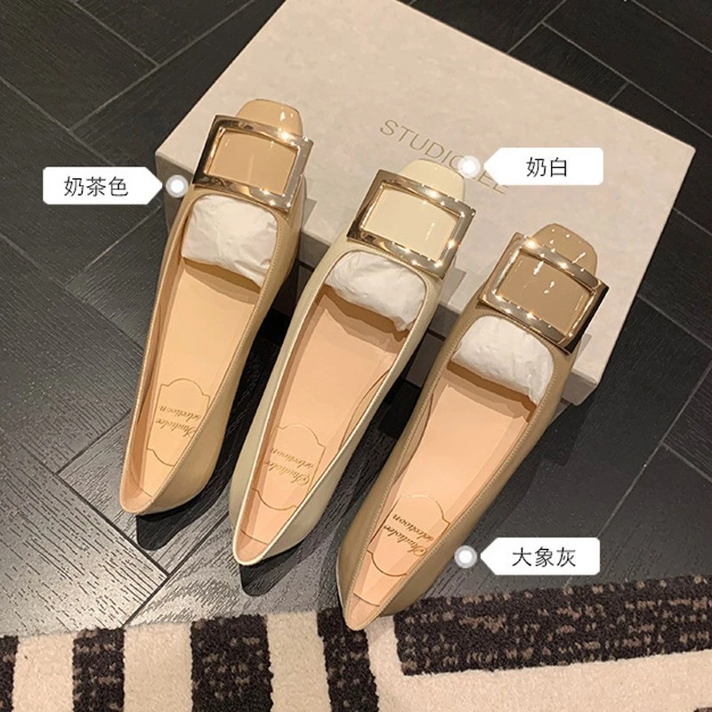 【葡萄妈同款】 网红爆款~ 经典方扣小方头浅口矮跟平底通勤单鞋春