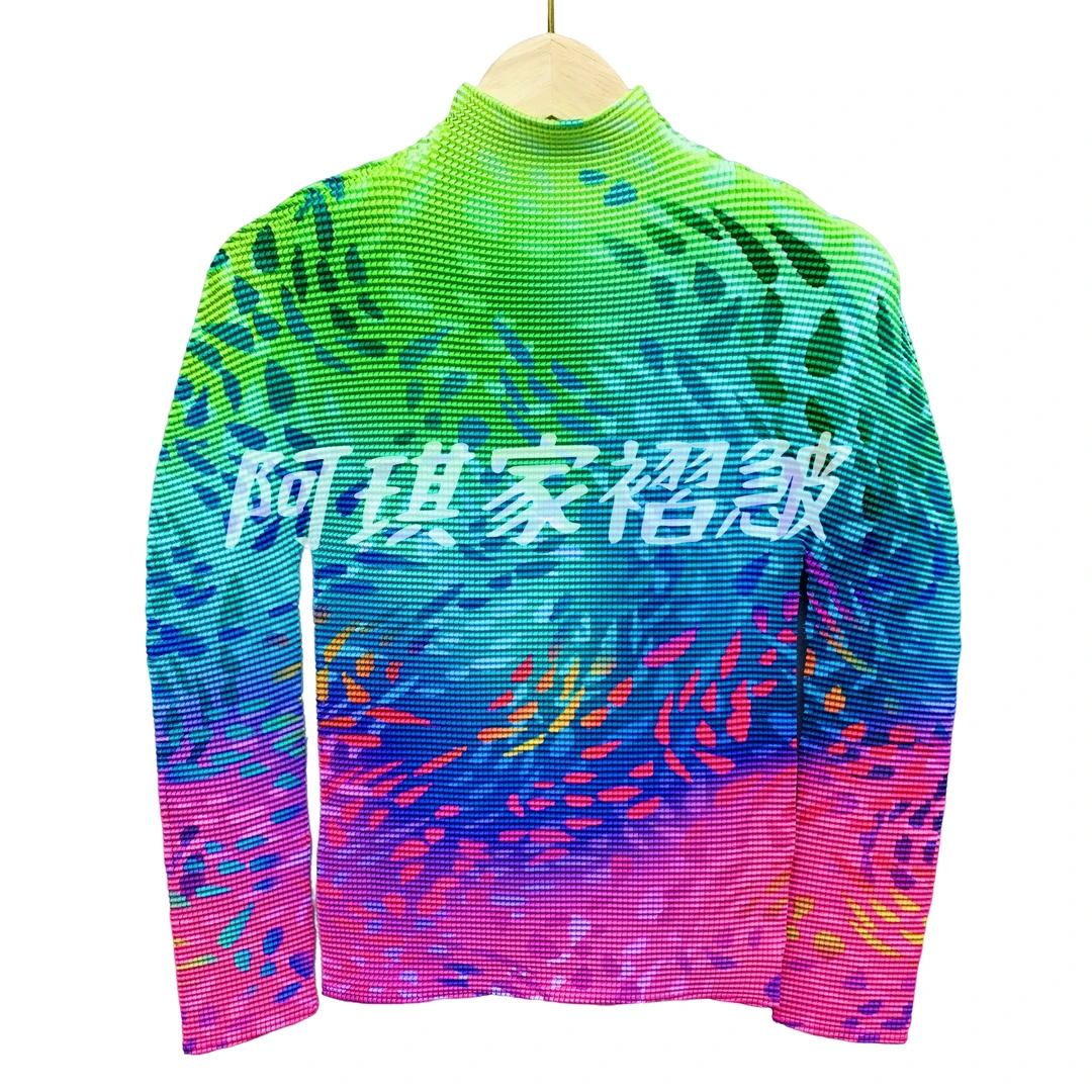 秋冬新款褶皱玉米粒打底条纹服装针织渐变时尚个性潮流长袖印花