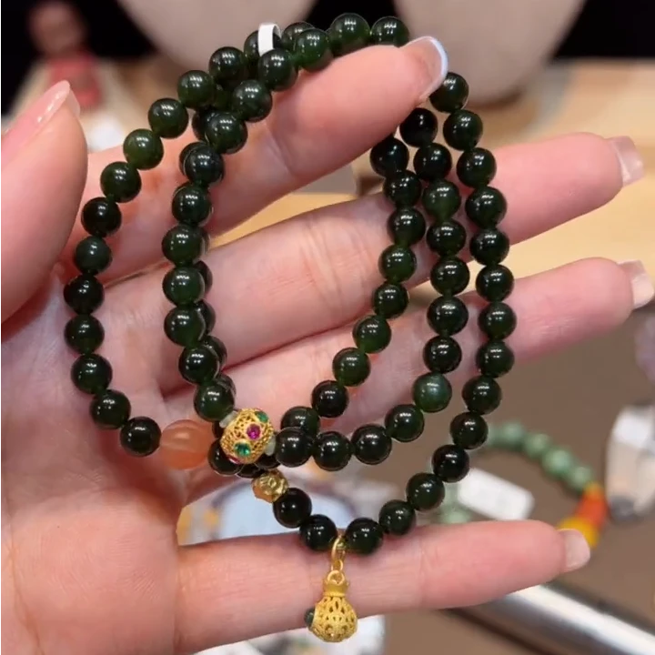 Nuanyan/暖言三圈和田玉碧玉6mm手串配葫芦手链S236多样性发一