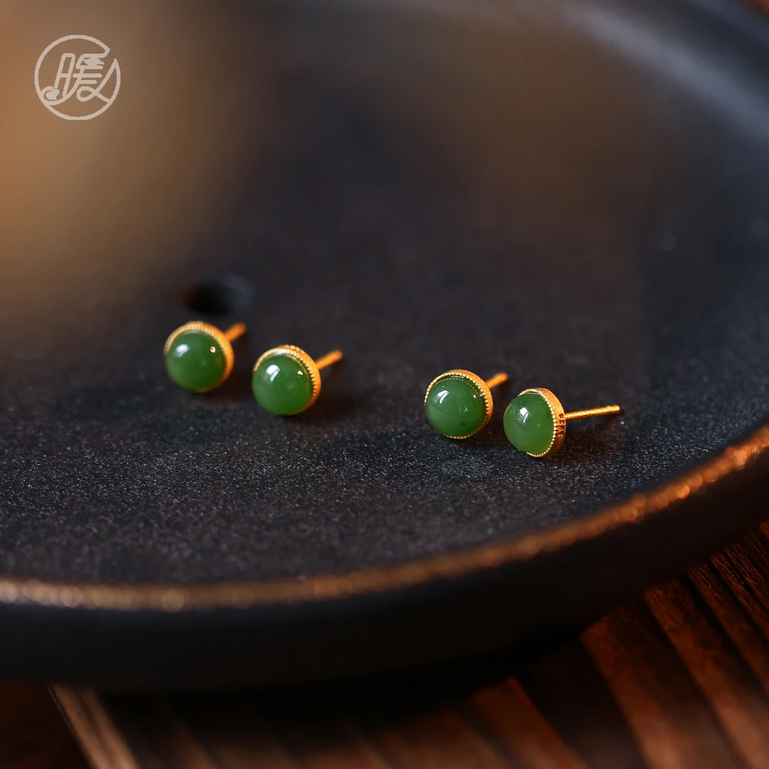 和田玉圆形蛋面耳钉Z2403多样性发一