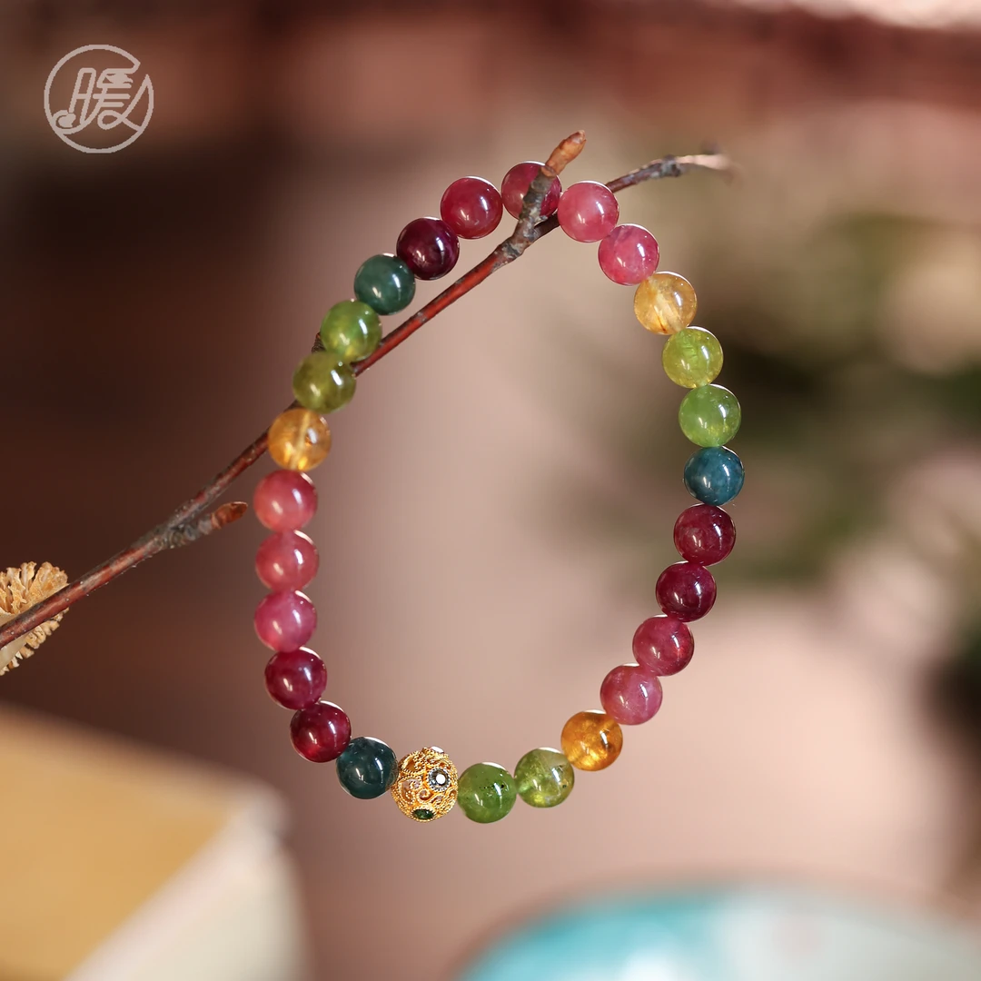 单圈碧玺手串6mm搭配镂空路路通手链F2874