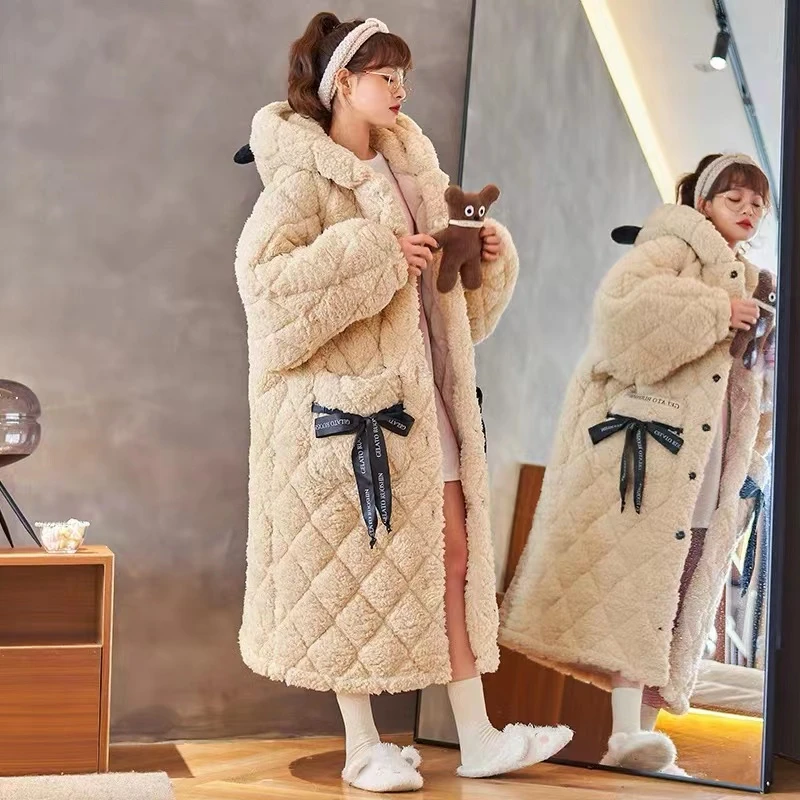 621038冬季情侣加厚加绒长袍保暖居家服三层夹棉可外穿冬款中长款