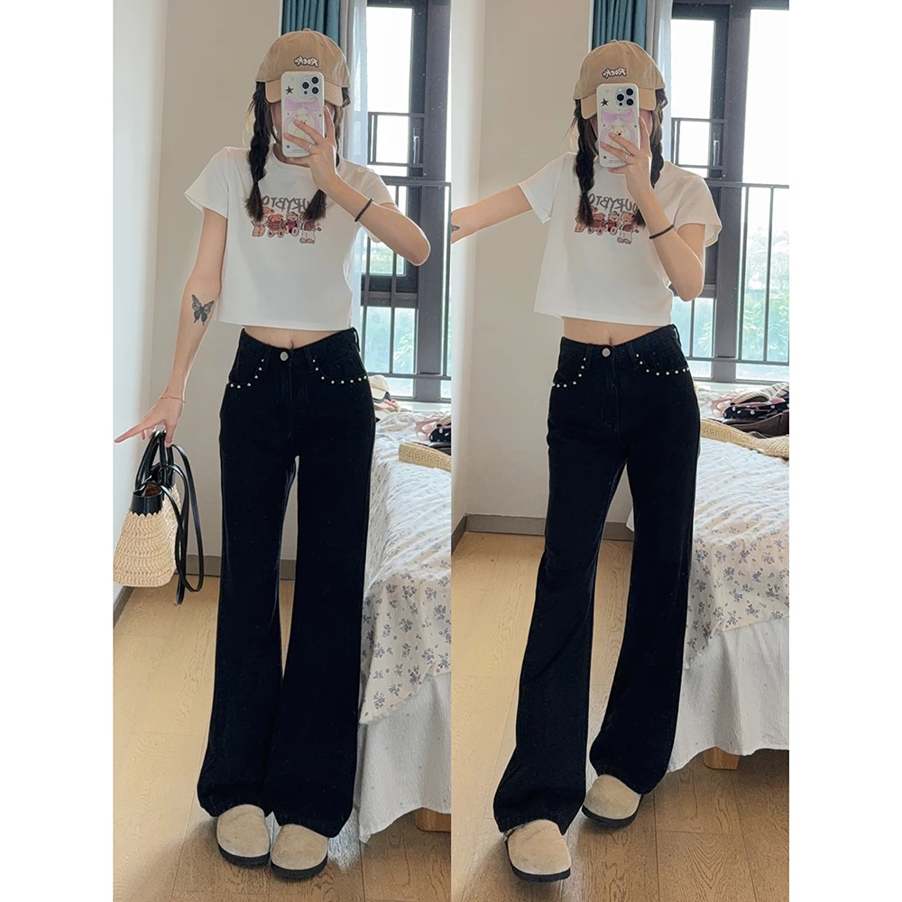 王家有鱼2024黑色中低腰小个子不贴腿微喇牛仔裤时尚铆钉显瘦百搭