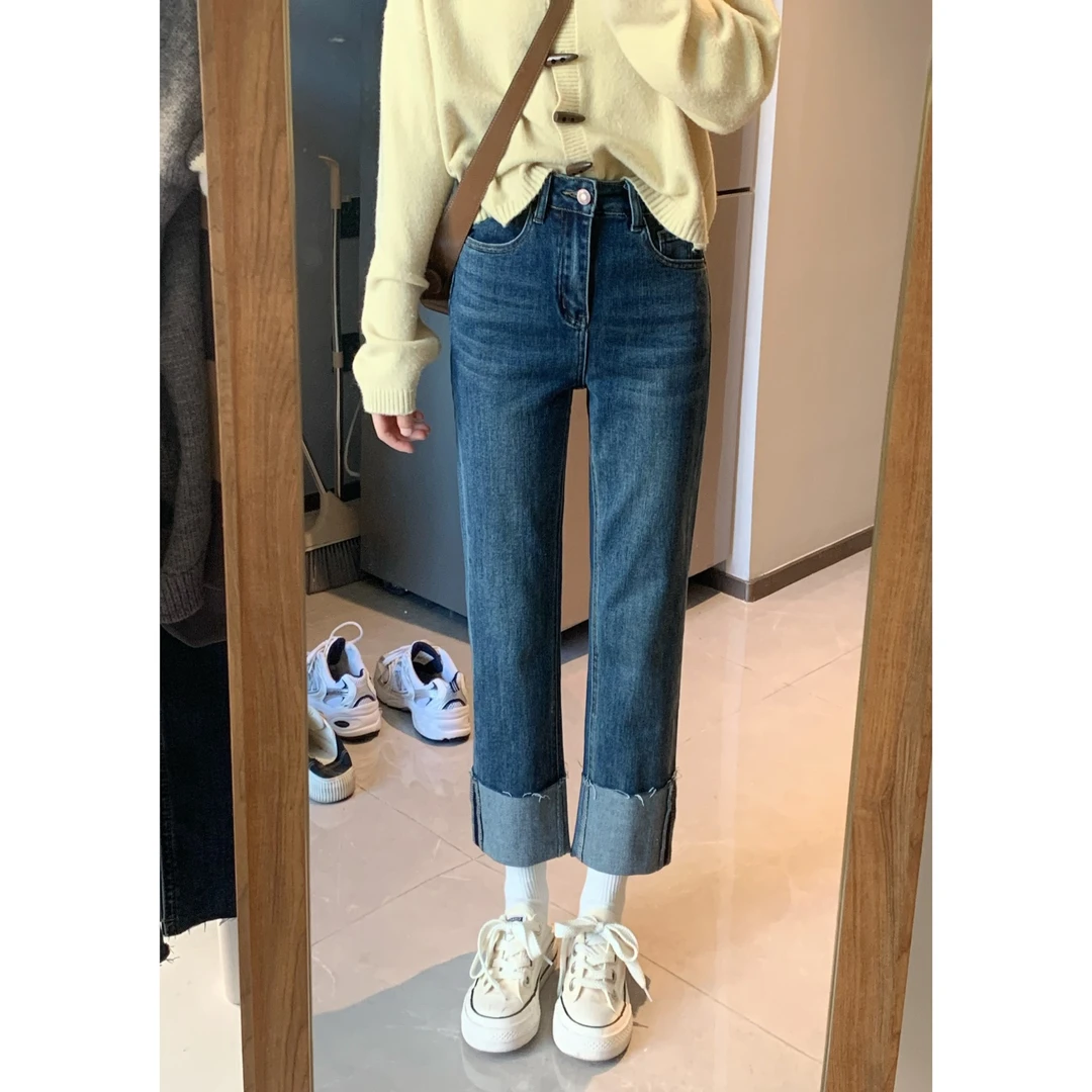 【王家有鱼】2023秋冬新款翻边牛仔裤女百搭卷边烟管显瘦九分裤复古