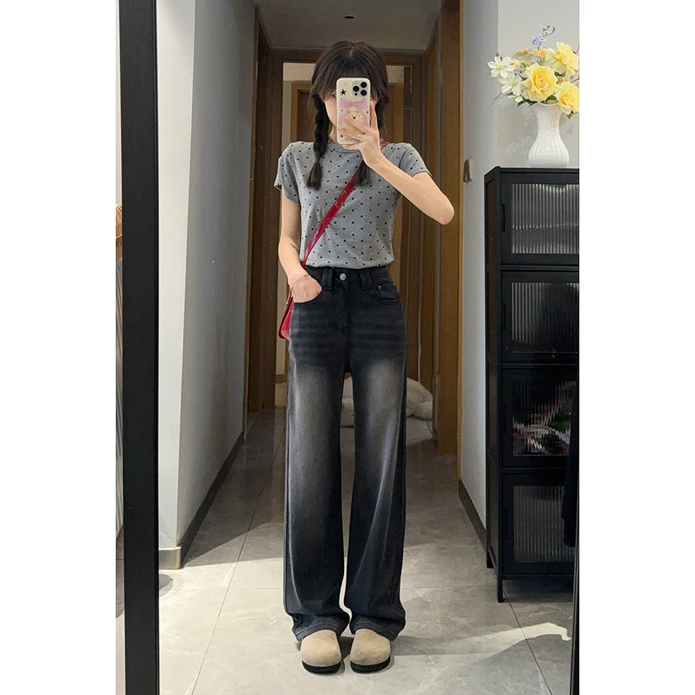 王家有鱼美式阔腿牛仔裤女2024年新款夏季复古高腰休闲直筒拖地裤