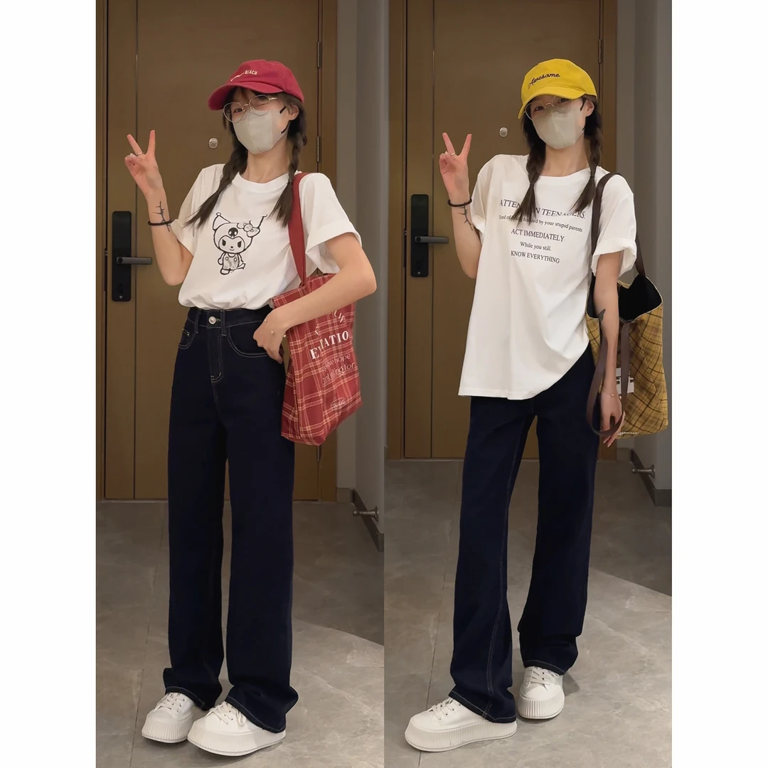 王家有鱼2024季夏款深色显瘦牛仔裤女复古休闲百搭高腰阔腿裤子