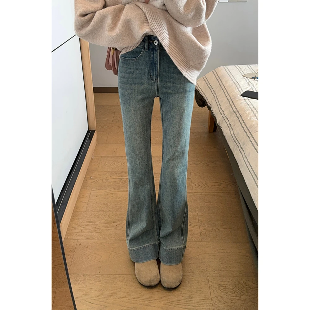 王家有鱼【漫画腿】高腰秋季新款微喇叭牛仔裤女时尚复古小个子裤子