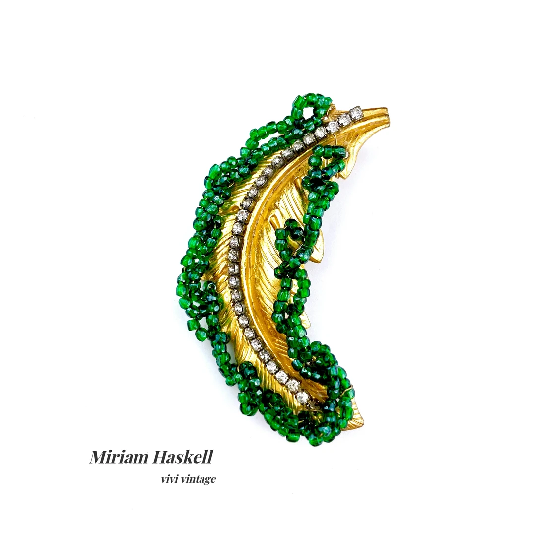铜合金胸针 米哈Miriam haskell 中古绿色包边金叶子胸针62668