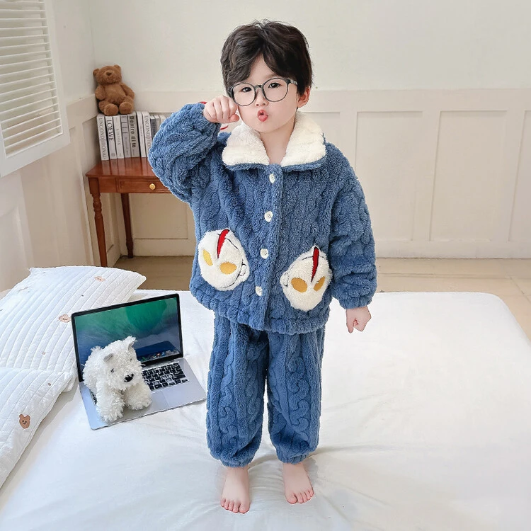 儿童睡衣珊瑚绒秋冬款加厚男孩宝宝开衫套装冬季男童法兰绒家居服