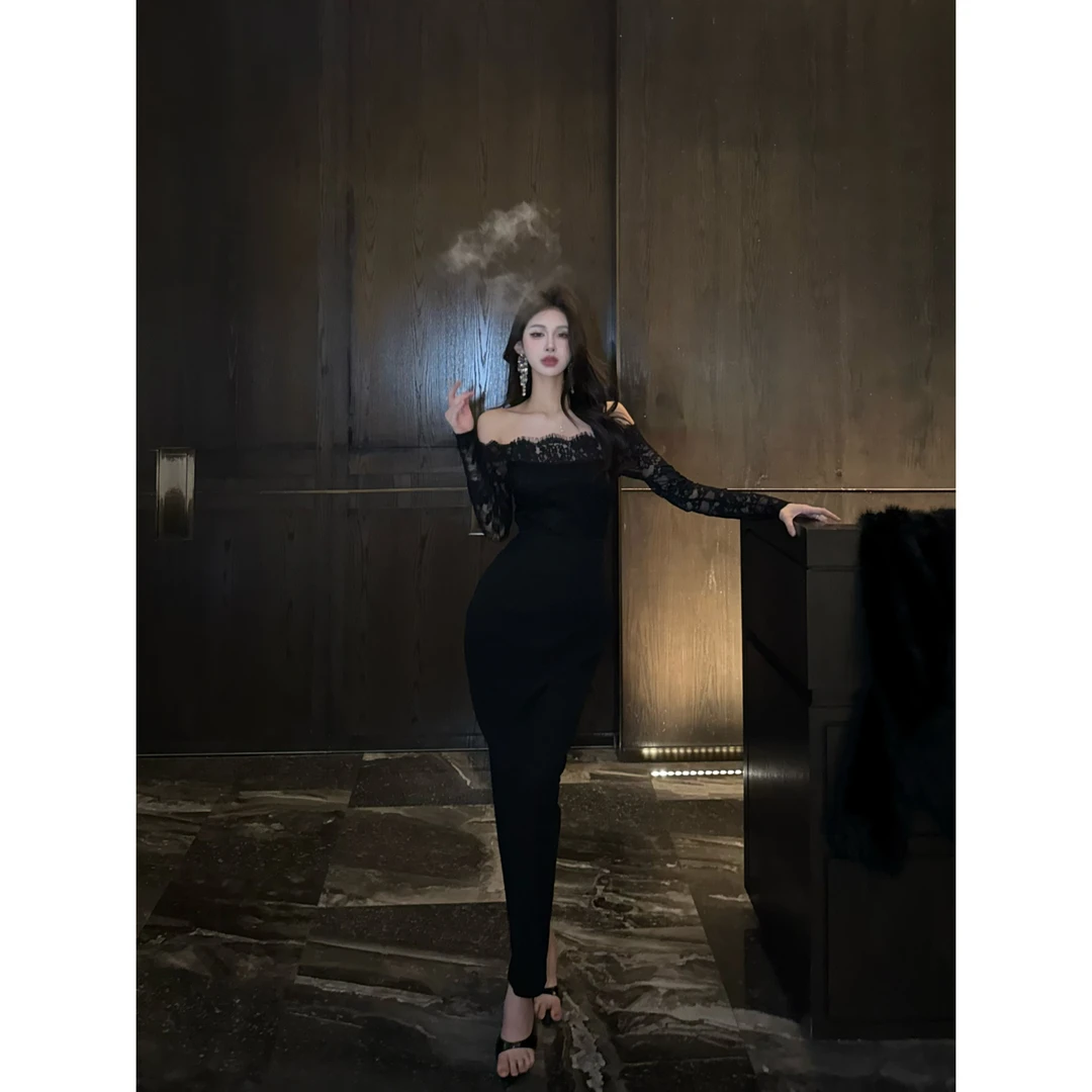 优雅一字肩蕾丝拼接晚礼服连衣裙纯色气质法式露肩名媛修身打底裙