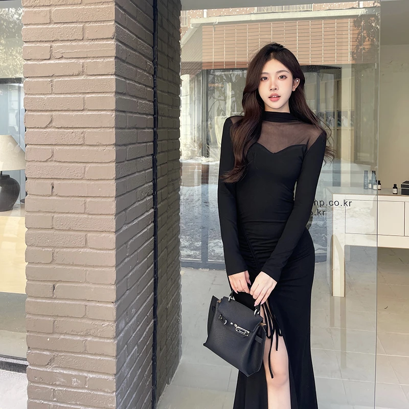 气质御姐 黑色赫本风网纱拼接收腰显身材开叉连衣裙不规则包臀裙