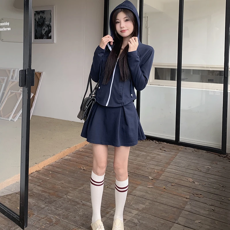 【网球少女】运动学院风连帽百褶短裙休闲小个子时尚辣妹短款两件套