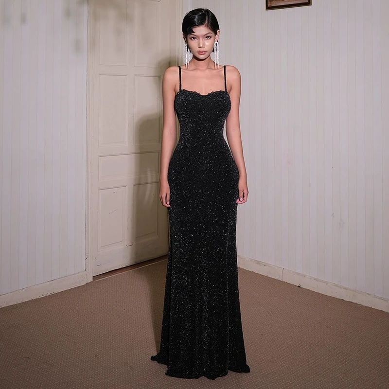 性感欧美亮闪露背蕾丝吊带礼服裙高贵优雅名媛宴会气质修身连衣裙