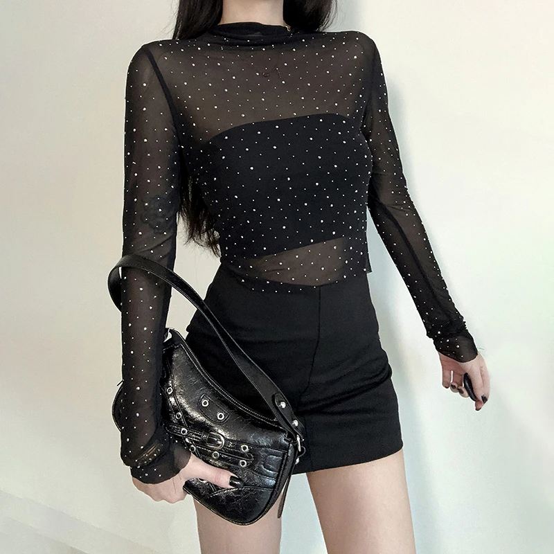 网纱透视烫钻纯欲风上衣秋季新款时尚辣妹修身收腰气质辣妹打底衣