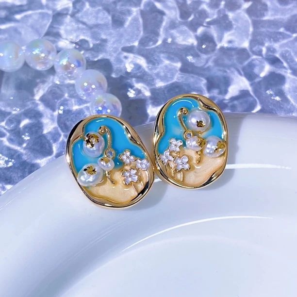 铜合金珐琅耳饰 滴油花朵精致耳钉气质手工轻奢复古优雅百搭温柔