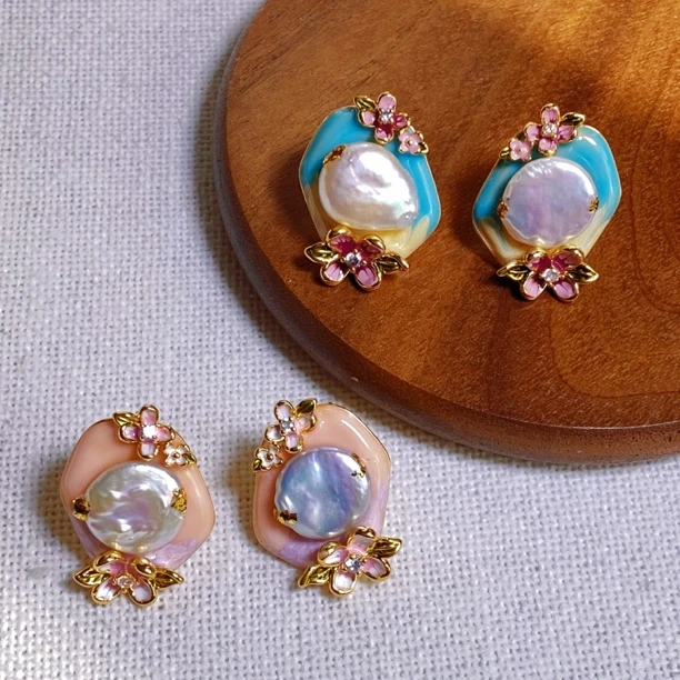 铜合金珐琅耳饰 浪漫花朵中古耳钉手工气质复古彩色法式甜美精致