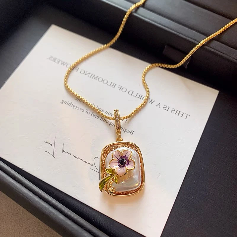 铜合金项链 珐琅彩滴油项链气质轻奢时尚复古精致坠链设计感