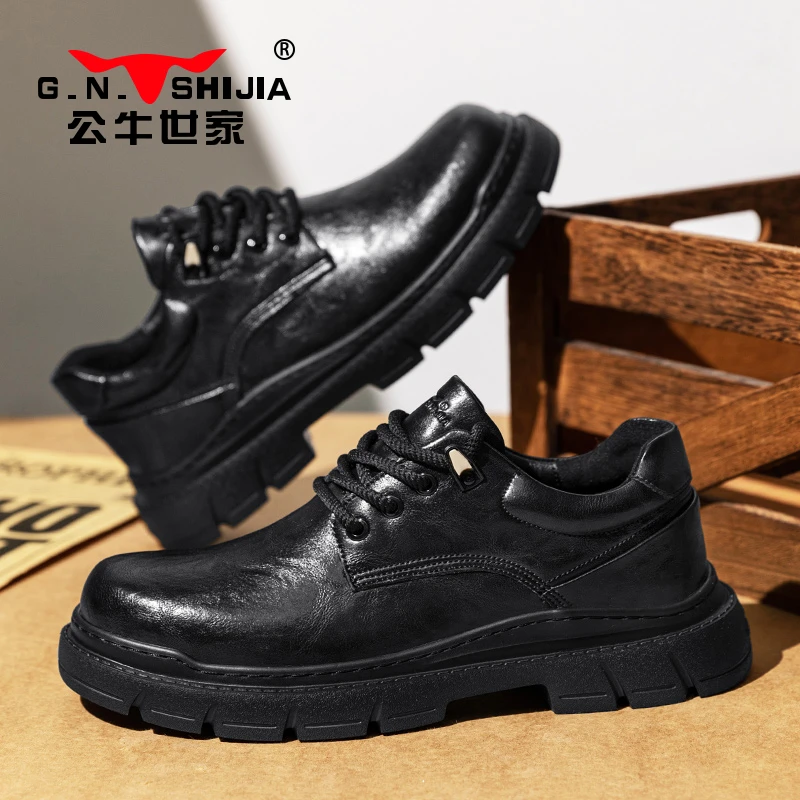 公牛世家皮鞋男2025春季新款休闲厚底增高正装商务黑色结婚新郎鞋