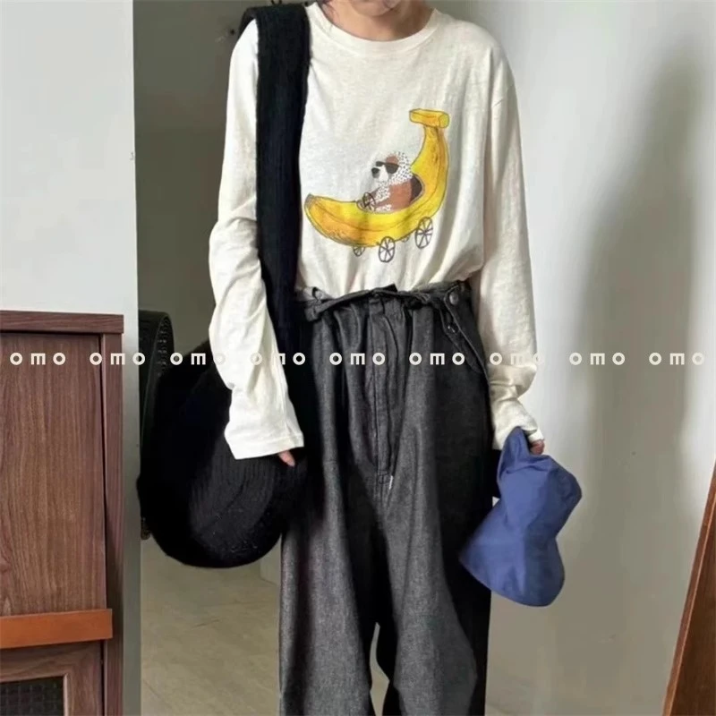 韩国东大门代购 2025秋新款宽松手绘卡通香蕉小船百搭圆领长袖T恤