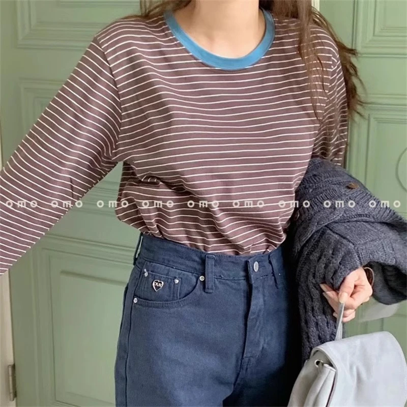 韩国代购秋款洋气减龄圆领宽松显瘦内搭条纹打底衫上衣