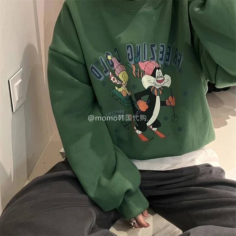 推荐！东大门卡通滑雪小黑猫 印花休闲圆领加绒卫衣女