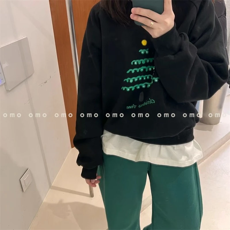 黑色~现 omo小众 新款 圣诞树圆领百搭时尚休闲宽松加绒卫衣