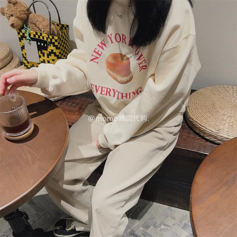 【字母奶油贝果】加绒新款 omo小众 图案圆领套头卫衣