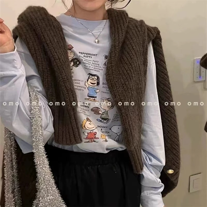 现~小众设计品牌2025秋新款百搭可爱卡通图案印花宽松长袖T恤女