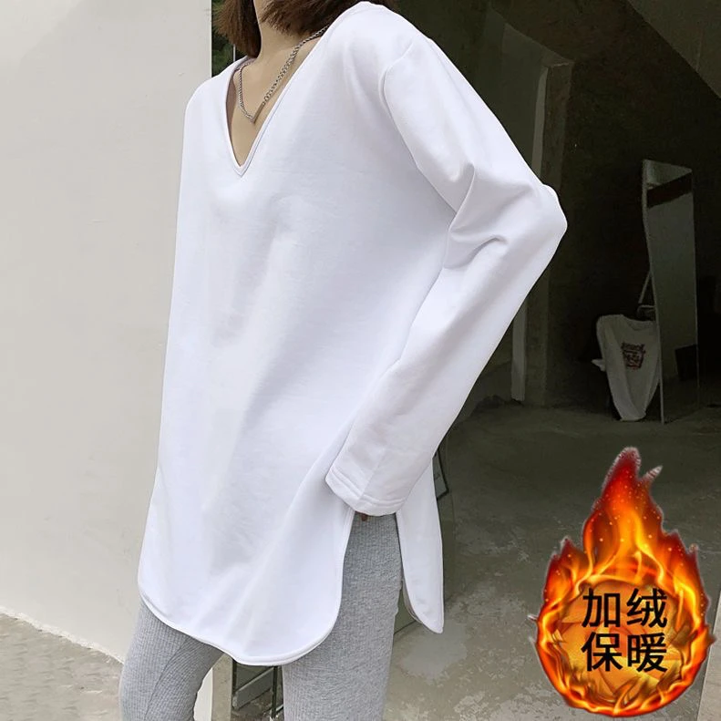 V领开叉打底衫女内搭新款秋冬装白色t恤女长袖宽松下摆圆弧上衣装