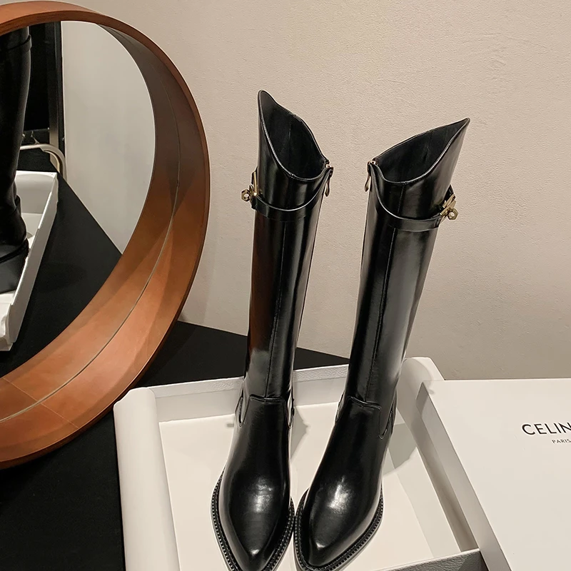 【诗博尼】【6.5cm】牛皮/单里/绒里34-40新款尖头黑色高筒不过膝长靴