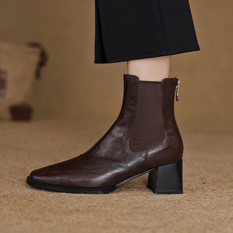 【诗博尼】【5.5cm】头羊/猪皮/猪皮33-40新款后拉链时尚百搭粗跟短靴