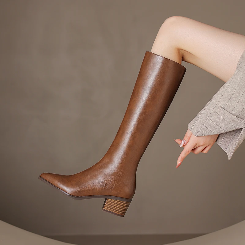 【诗博尼】【5CM】牛皮/单里/绒里34-41尖头粗跟高跟平口秋冬骑士女靴