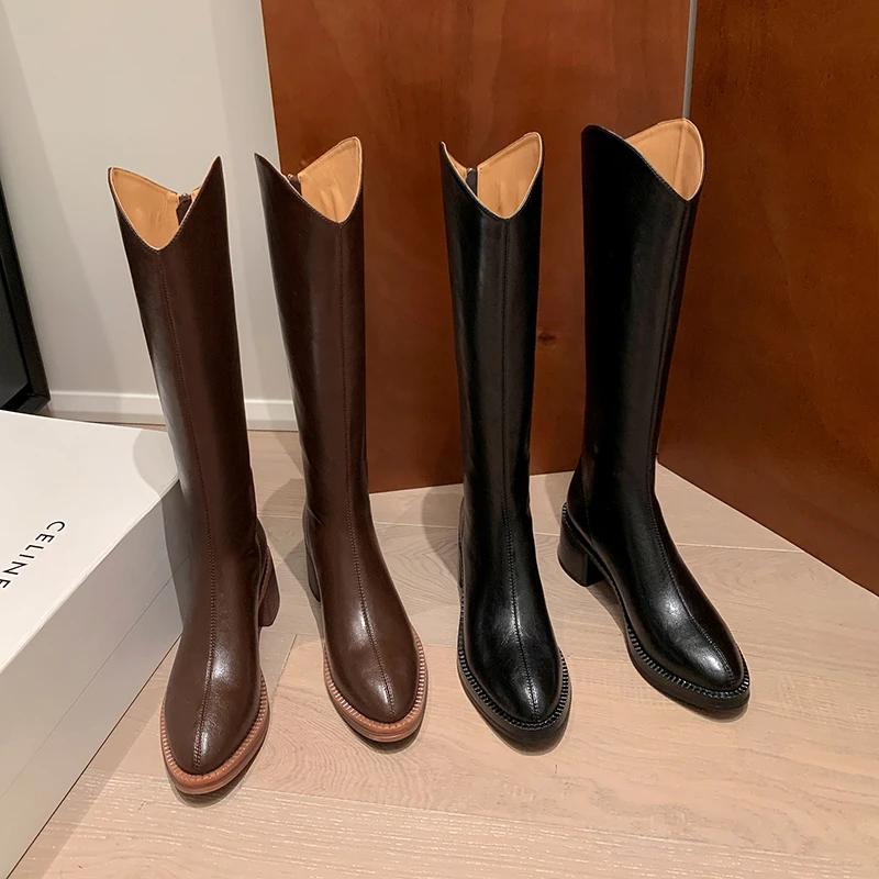 【诗博尼】【5cm】牛皮/单里/绒里34-40大小筒尖头厚底气质时尚高筒靴
