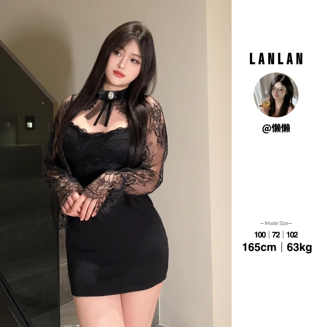 Lanlan现货【曼哈顿夜】气质辣妹高级感蕾丝镂空拼接连衣裙黑色收腰