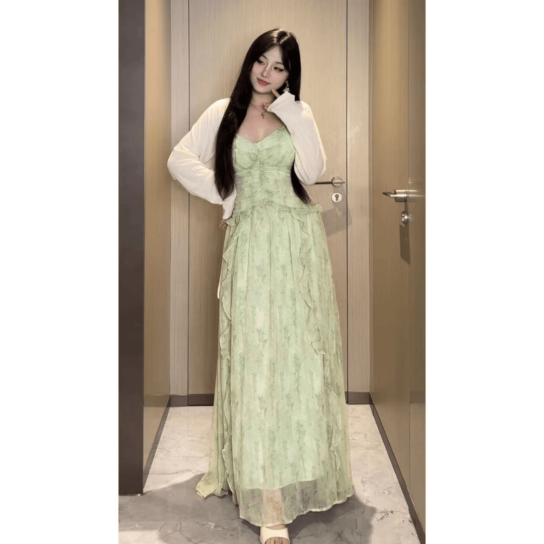 Lanlan-【莱茵河畔】法师荷叶边吊带连衣裙收腰显瘦长裙气质修身