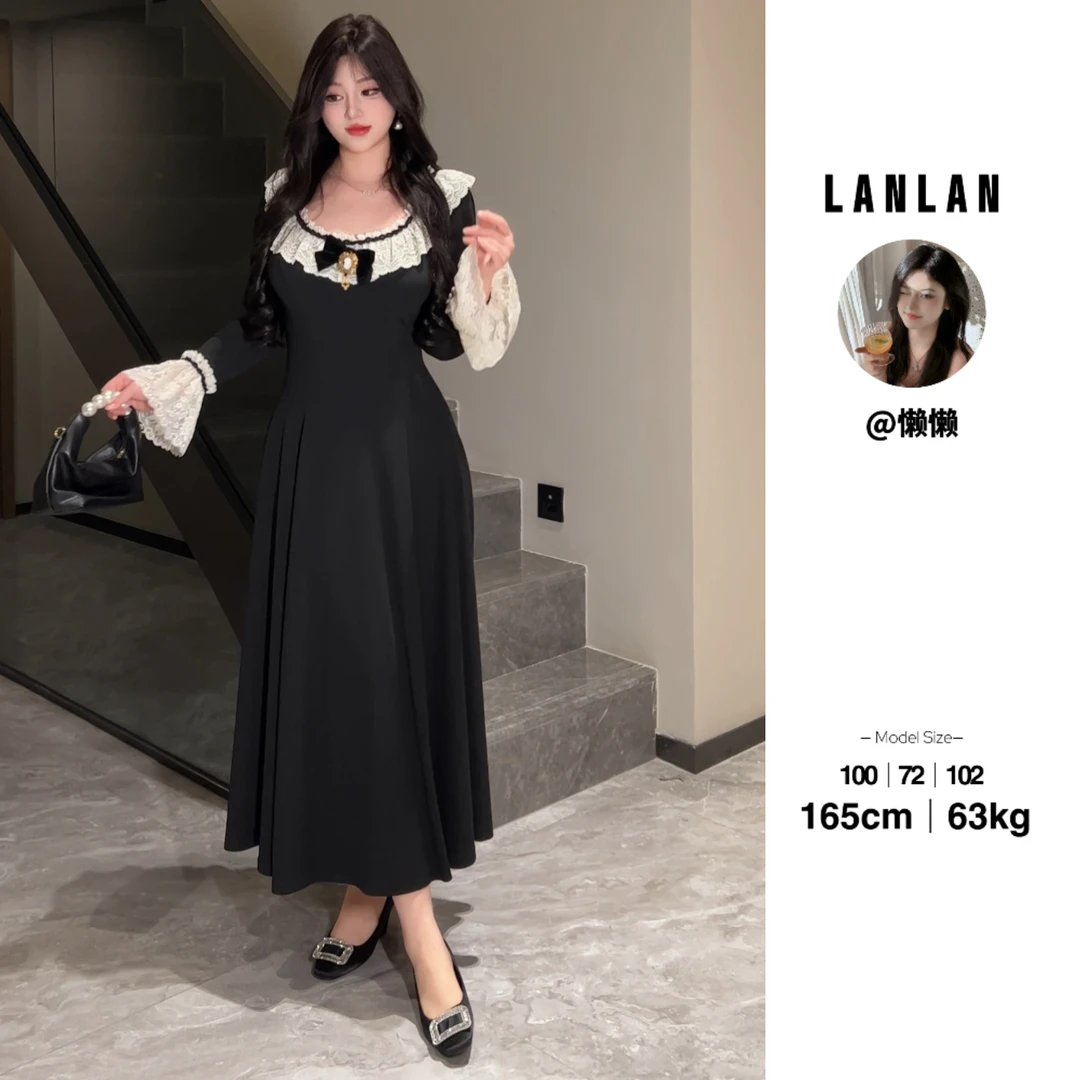 Lanlan-【香氛芙蕾】法式温柔气质撞色长袖连衣裙显瘦长裙时尚