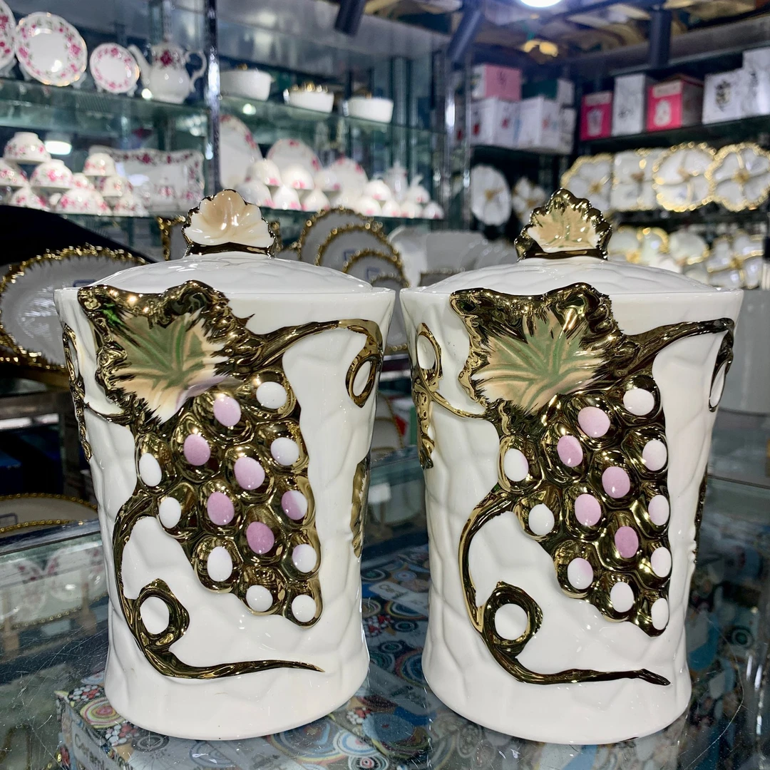 新疆特色2个葡萄精致茶叶罐高档欧式带盖描金大容量绿色简约陶瓷