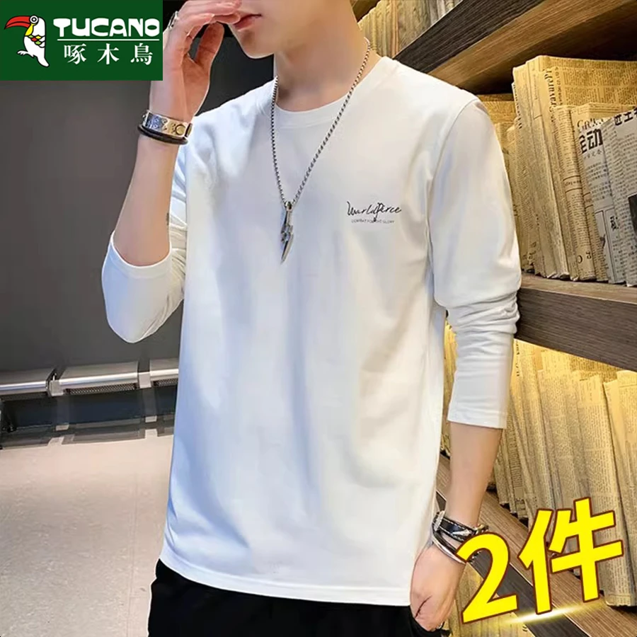 啄木鸟秋冬新款男士纯棉长袖t恤男韩版宽松百搭休闲上衣打底衫