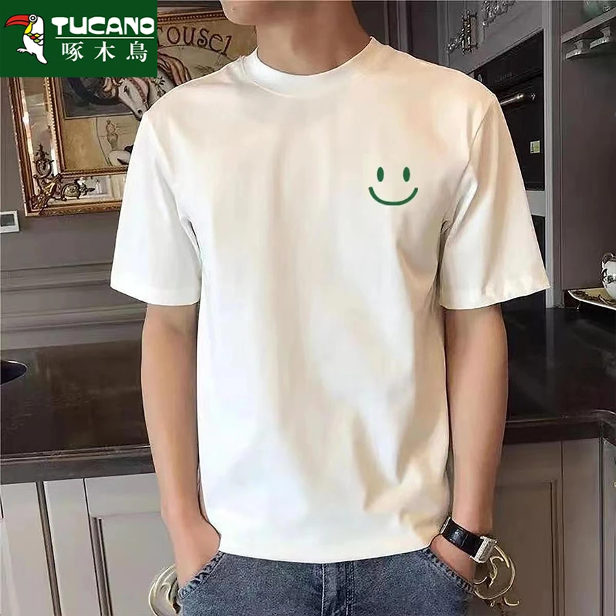 啄木鸟2023新款纯棉重磅短袖t恤男女同款圆领潮韩版印花体恤男士