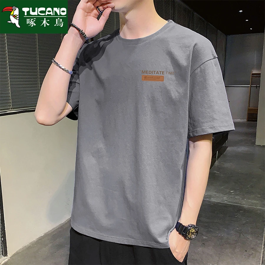 啄木鸟夏季男士纯棉重磅短袖t恤男宽松圆领潮流韩版印花大码半袖