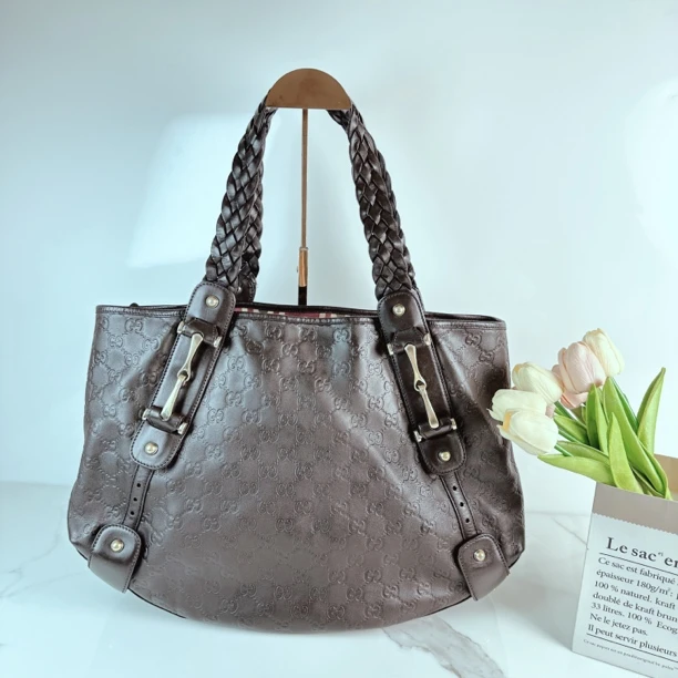 95新 GUCCI/古驰 中古棕色大号皮革单肩手提包