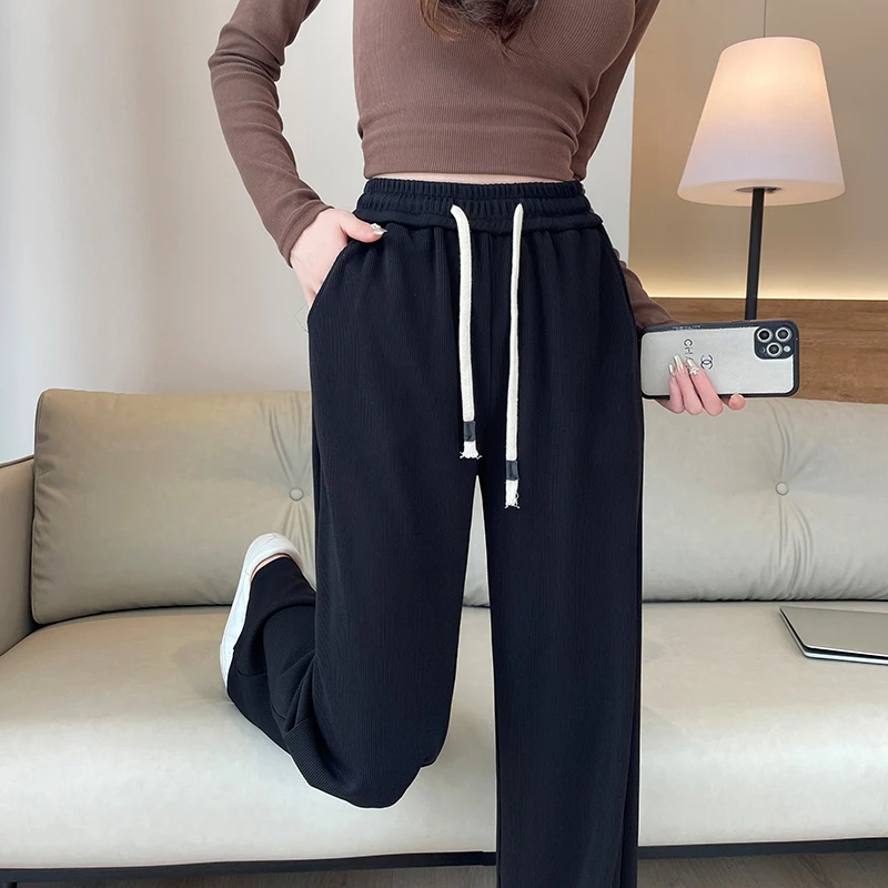 秋冬海草条抗皱百搭时尚显瘦高腰垂感阔腿裤加绒厚不粘毛直筒韩版