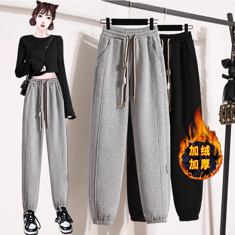 灰色运动裤女2024新款秋冬哈伦裤休闲爆款束脚高腰加绒外穿哈伦裤