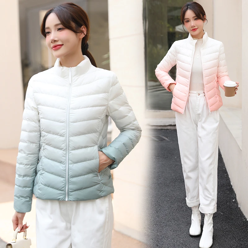 2023年秋冬新款时尚羽绒服女立领轻薄修身轻便超薄短款渐变色外套