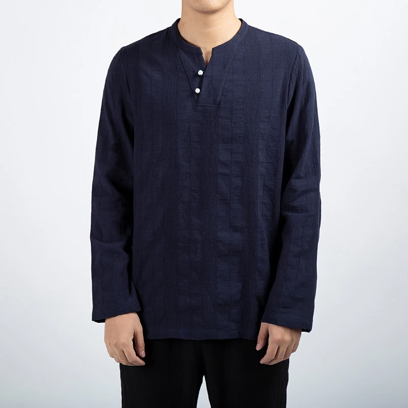 由天丨断码清仓原创中国风男装棉麻提花长袖T恤