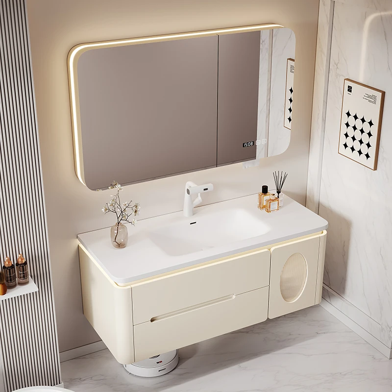 奶油陶瓷一体盆浴室柜组合卫生间洗脸盆家用洗手盆洗手台盆柜组合