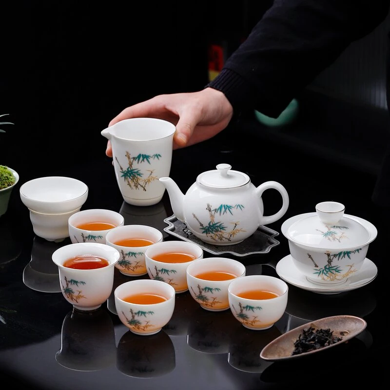 新品高档陶瓷羊脂玉白玉瓷——竹报平安12件套